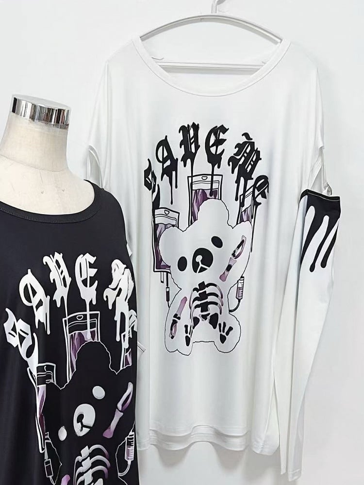 White Letter Kei Long Top Print Sleeves Bear Jirai And