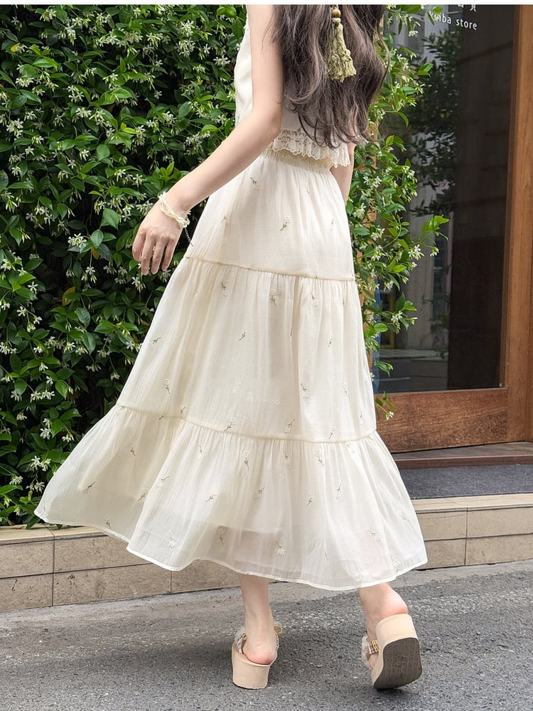 Tulle Skirt Kei Beige Elastic Waist Floral Embroidery Mori