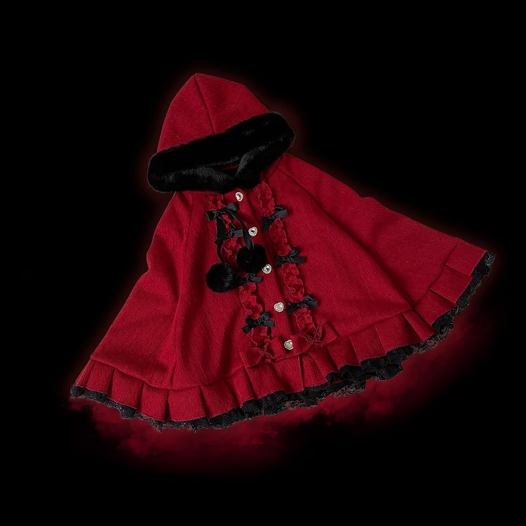 Jirai Kei Red Pompoms and Bow Accents Landmine Style Hooded Cape