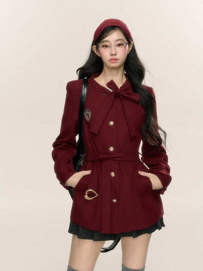 Red Self-tie Strap Blazer with Waist Belt