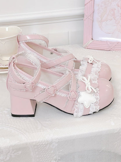 Mary - Pink with Sweet Janes Heel Trim Lolita PU Lace Low