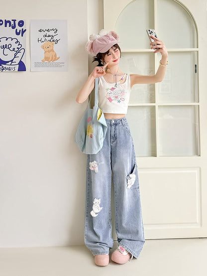 with Detachable Kitty Appliques Blue Wide-Leg Jeans Short/Long Version