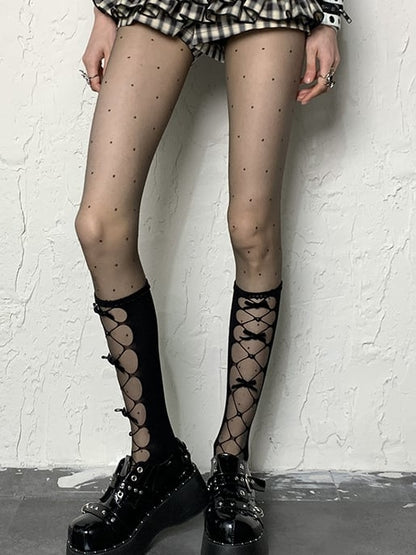 Black Pattern Polka-dot Tights Y2K