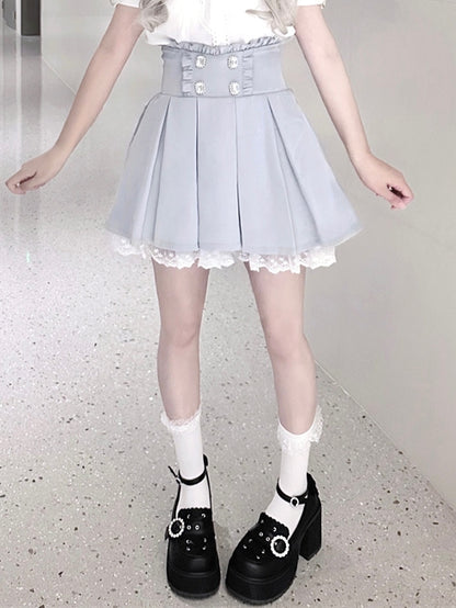 Accents Trim Jirai Light Blue Box Pleat Skirt Lace Ruffled Rhinestone Kei