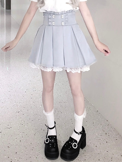 Accents Trim Jirai Light Blue Box Pleat Skirt Lace Ruffled Rhinestone Kei