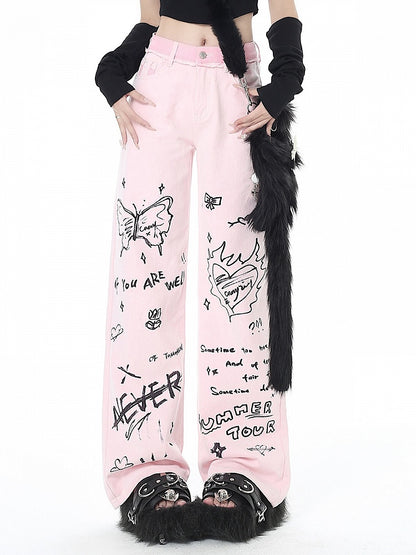 Pink Wide-leg Graffiti Design Jeans High Waist