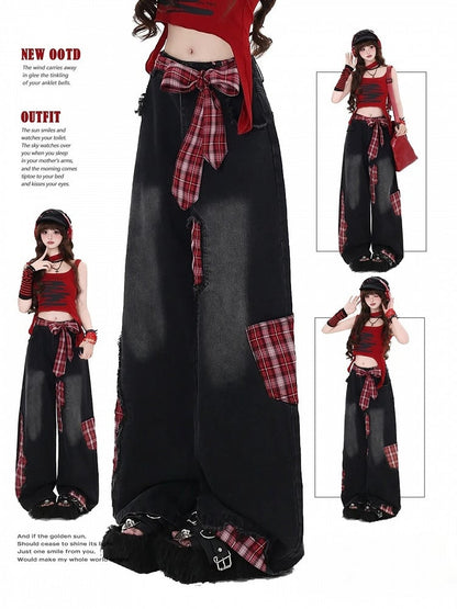 Black Street Wide-leg Bowknot Plaid Jeans High Cut Red