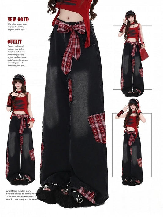 Black Street Wide-leg Bowknot Plaid Jeans High Cut Red