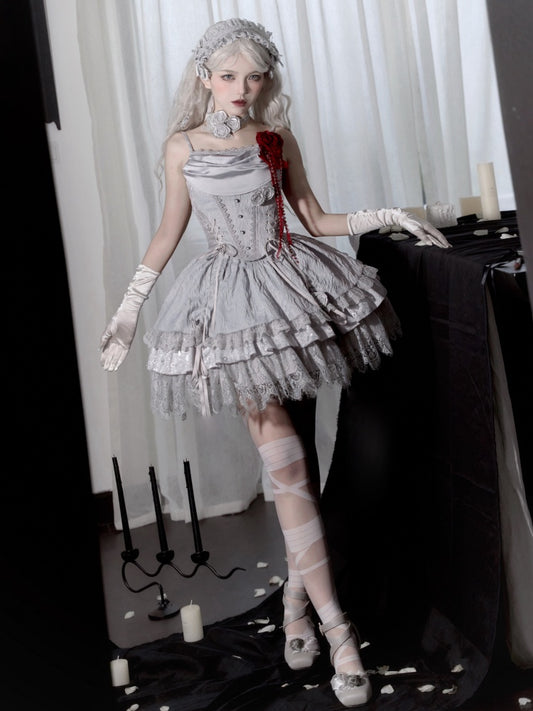 Silver Gray Drawstring Detail Gothic Lolita Layered Skirt