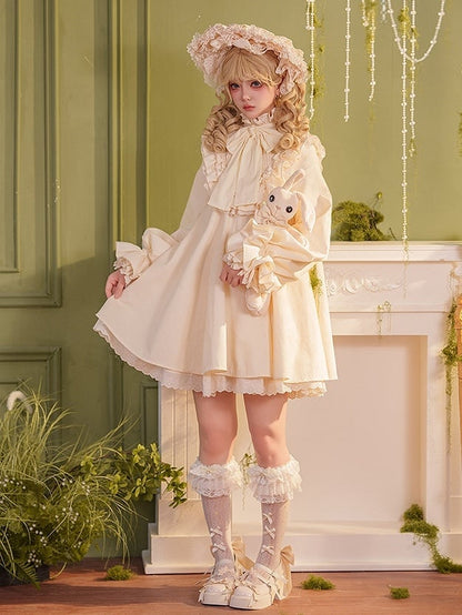 High Dress Bow Ruffled Sleeves Big Long Beige Sweet Cotton Lolita Neck