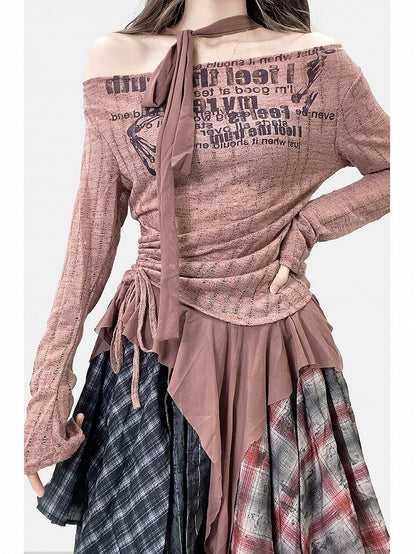 + Scarf Brown Letter Asymmetrical Top Pattern Print Millard Reddish Striped Fashion Hem