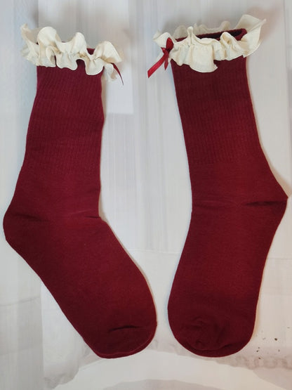 Grey Sweet Bowknot Ruffled Cuff Calf Socks