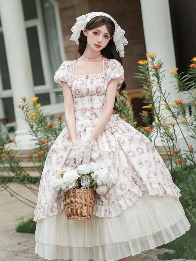 Lolita Elastic Version Set Full Classic Long Rosette Neckline Print Square OP