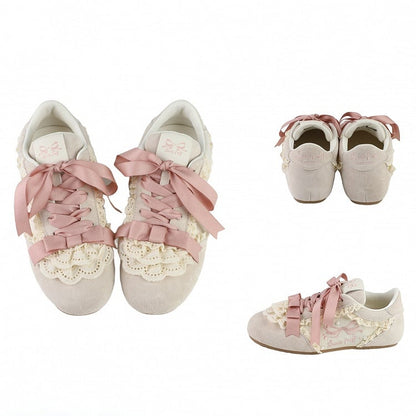 Trim Lolita Front Sneakers Schnür-Balletcore Süße rosa Spitzenbänder