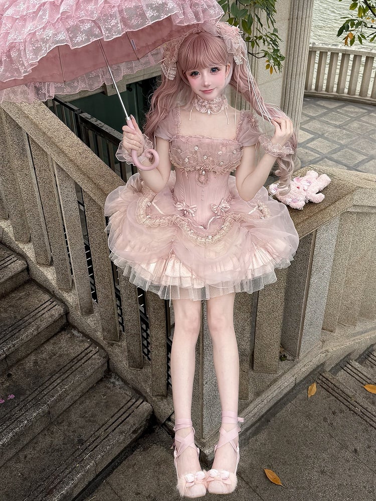 Sleeves Layered Outfit Top Corset Balletcore Ruffle Pink Boned Puff Princess Lolita + Skirt