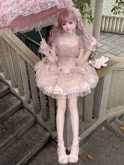 Sleeves Layered Outfit Top Corset Balletcore Ruffle Pink Boned Puff Princess Lolita + Skirt