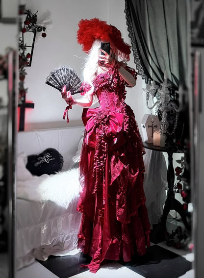 Hanayome Waist Boned Floor Corset Length Gown Hime Dress Red Ball Lolita