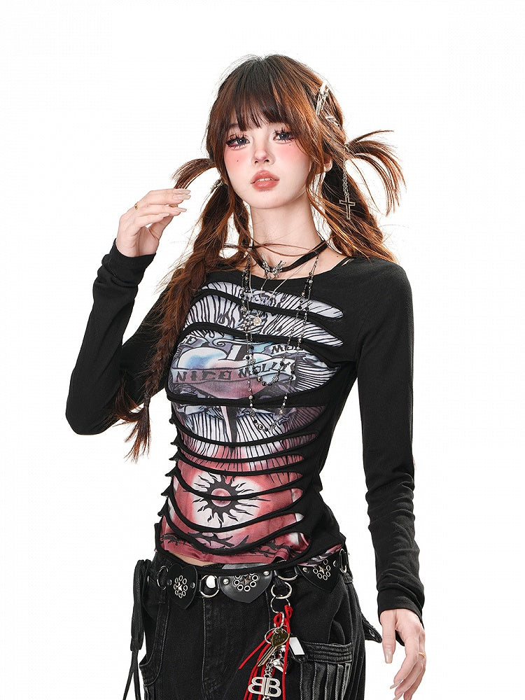 Round Punk Top Black/White Graphic Glamorous Neck
