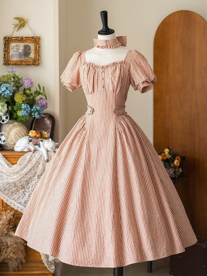 Neckline Fabric Fashion Retro Sleeves Orange Vintage Striped Puff Square Dress