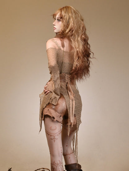 Wasteland Decorated Harness With Neckline And Punk Asymmetrical Brown Knitted Sweater  Butterfly Light Chain