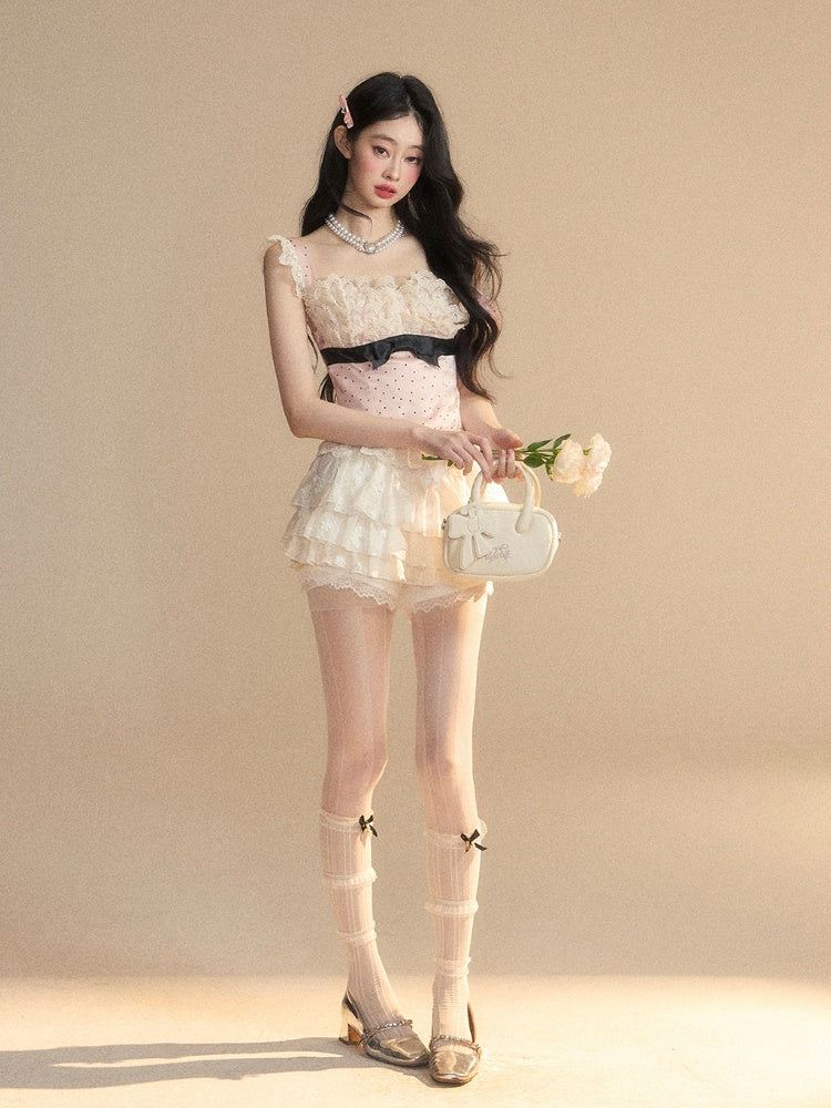 Glamorous Pink Polka-dot Pattern Sleeveless Top Ruffled Lace Trim Detail Bowknot