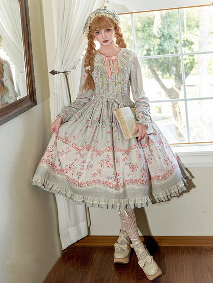 Robe Lolita douce à manches longues, motif floral et chaton, style maison rose, printemps