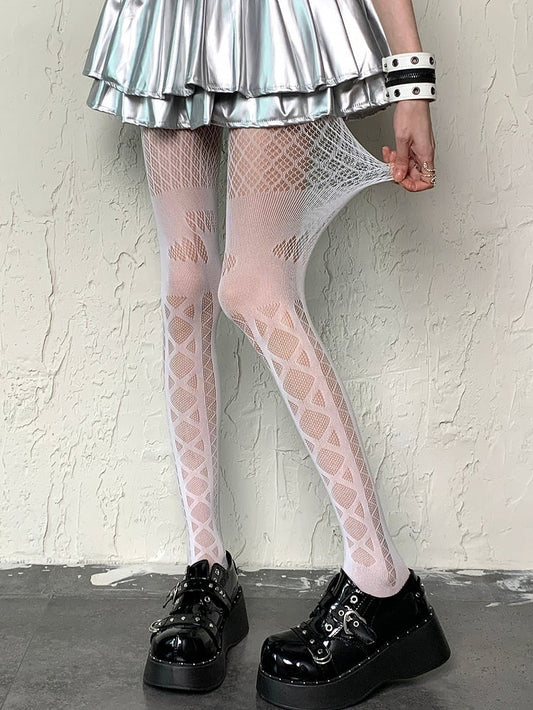 Pattern Tights Diamond Banded Crisscorss White Y2K