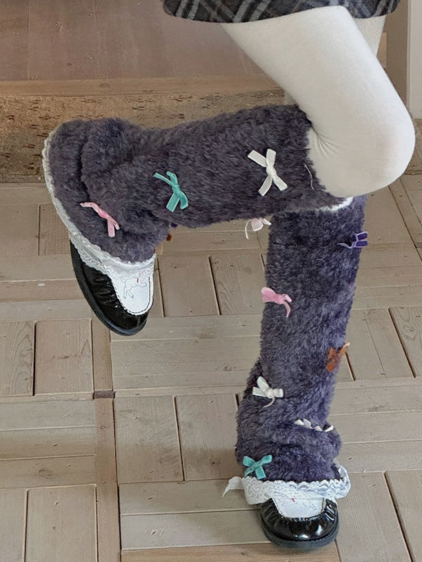 White Sweet Bowknot Lace Trim Leg Warmers