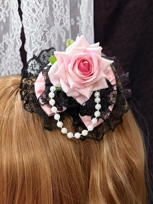 Hairclip Floral Bowknot Beaded Charm Trim BlackPink Design Lace