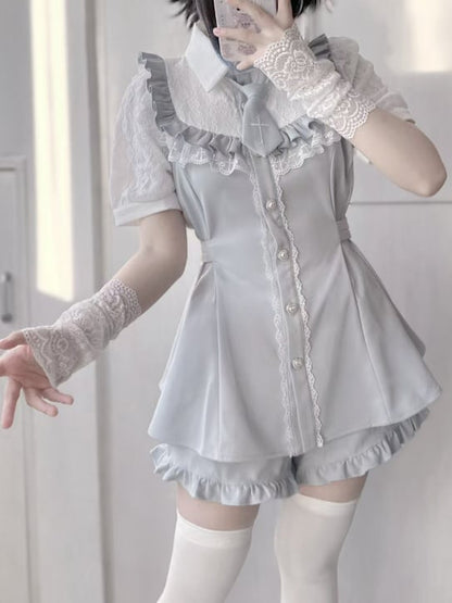 Buttons Hem Shorts+Tie Full Trim Light Kei Jirai Set-Lace Blue Blouse+Ruffled Heart