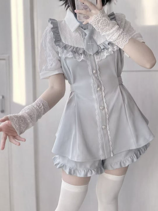 Buttons Hem Shorts+Tie Full Trim Light Kei Jirai Set-Lace Blue Blouse+Ruffled Heart