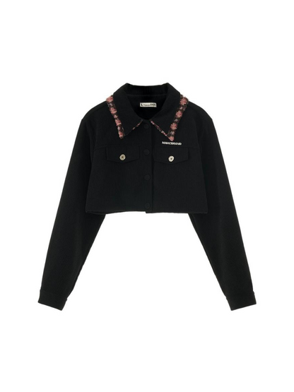 Jupe courte asymétrique fleurie + veste fleurie à col