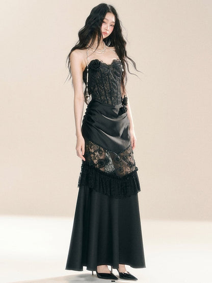 Black Floral Lace Corset Bodice Patchwork Dress Evening Gown