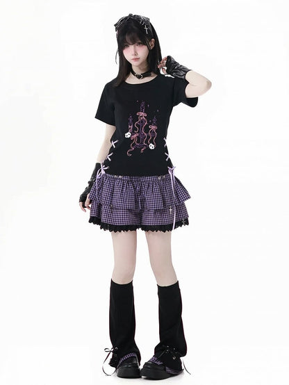 Y2K Purple Elastic Waist Lace Trim Plaid Skort