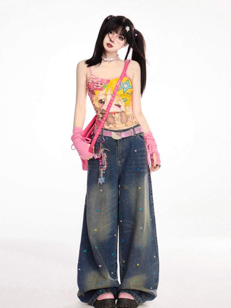 Colorful Polka-dot Pattern Dark Blue Distressed Wide-Leg Jeans