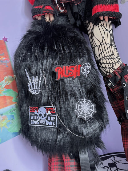 Black Skeleton Applique Punk Shaggy Backpack
