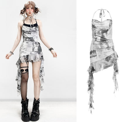 Dye Tie Design + Plaid Cami Pattern Dress Top Neck Asymmetrical Skirt Detail White Black Hem Halter Spiderweb