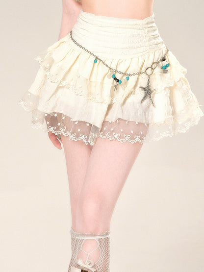 Waist High Apricot Skirt Mesh Lace Trim Glamorous Tiered Mini