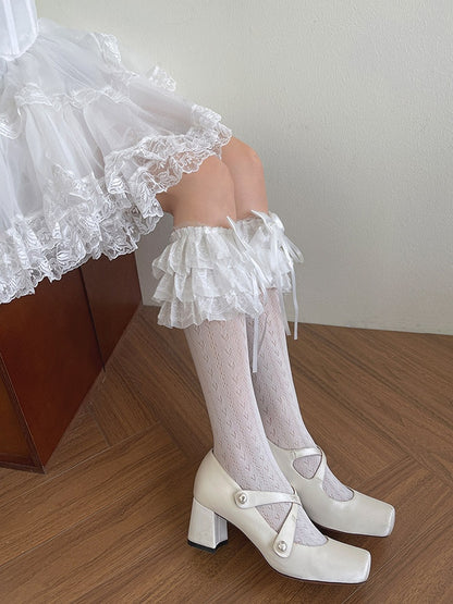 Bowknot Trims White/Black Print Underknee Stockings Lace Ruffle Heart