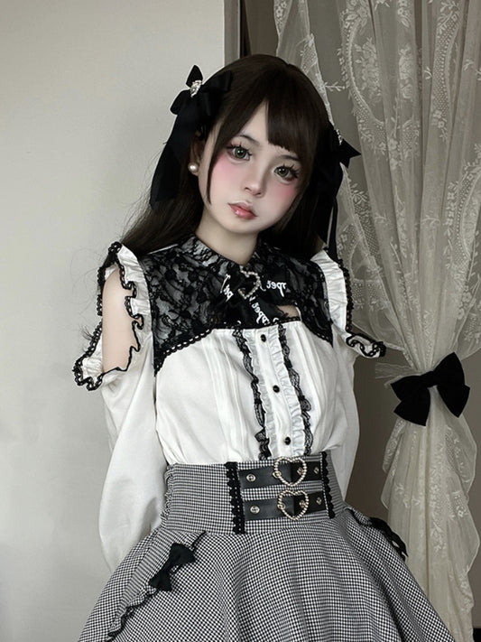 White Lace Trim Cutout Shoulder Jirai Kei Blouse