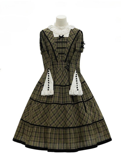 with Sleeves Elegant Classic Plaid Dress and Black Long Neckline Green Piping Lace Lolita