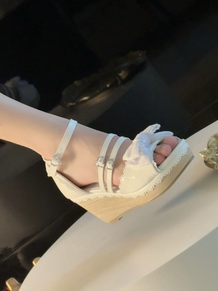 School Old White Wedges Sandals Bow Top Sweet at Lolita