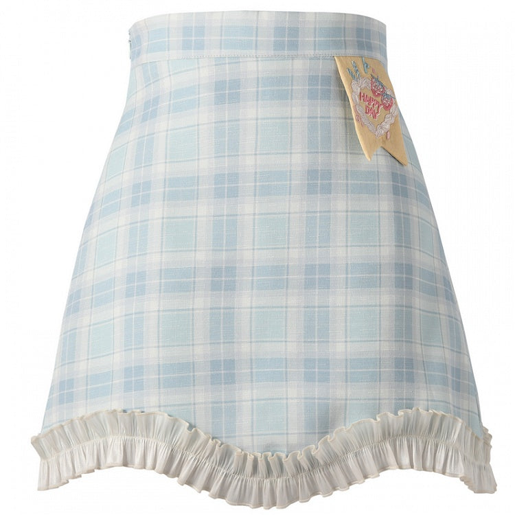 Ruffled Lace Trim Blue  Embroidery White Strawberry Cake Plaid Skirt
