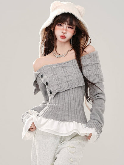 Grau/Marineblauer, schulterfreier Pullover mit schmaler Passform, Saum und Bündchen im Patchwork-Stil