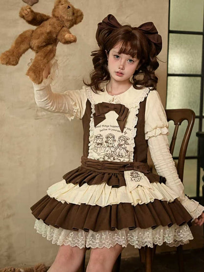 Bunny and Embroidery Tiered Dress Lamb Dropped with Waist Brown Hem Beige Lolita