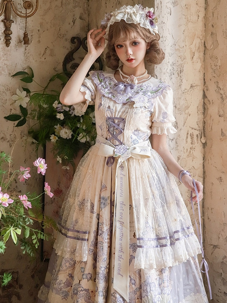 Available Dress Plus Sizes Print Short Lolita Sleeves and Floral Classic Purple Embroidery