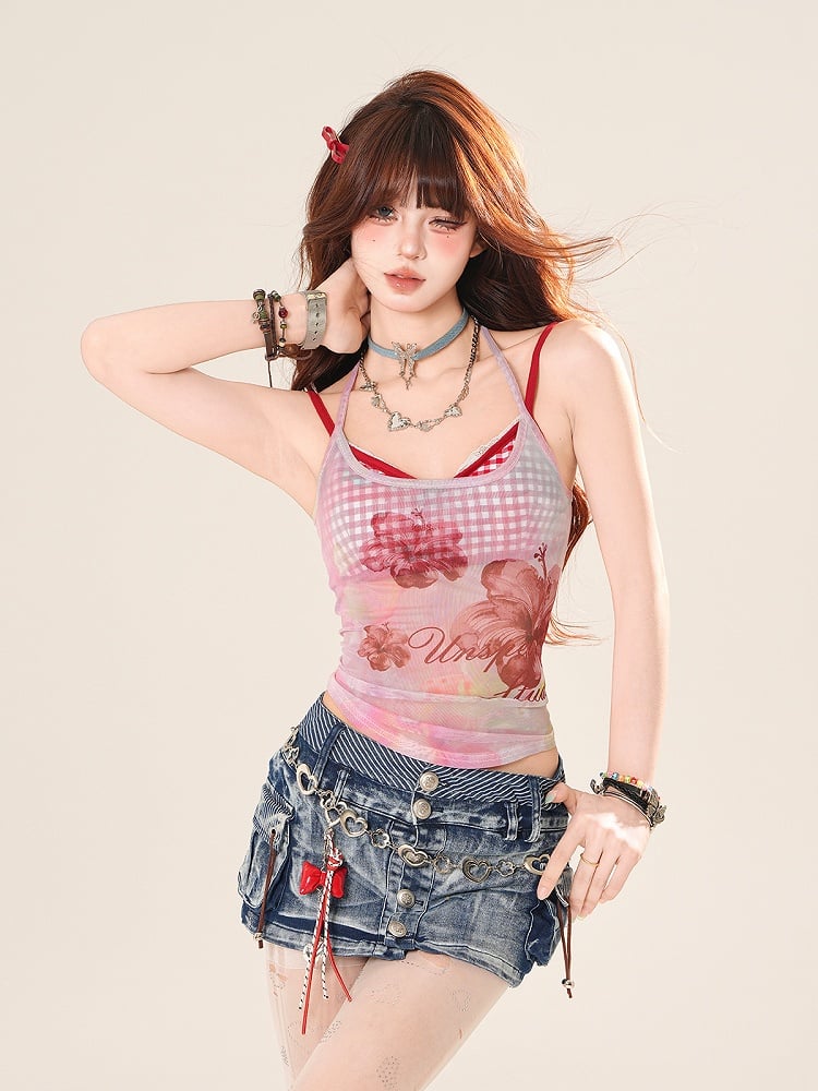 Pink/Blue Floral Print Semi-Sheer Halter Neck Top with Red Plaid Camisole Set