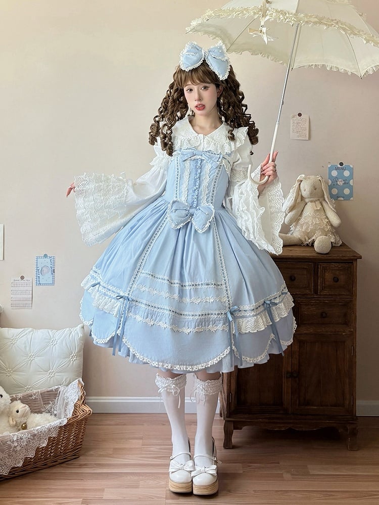 Lolita Old Edge Blue Jumper Dress Skirt School Trim Scalloped Hem