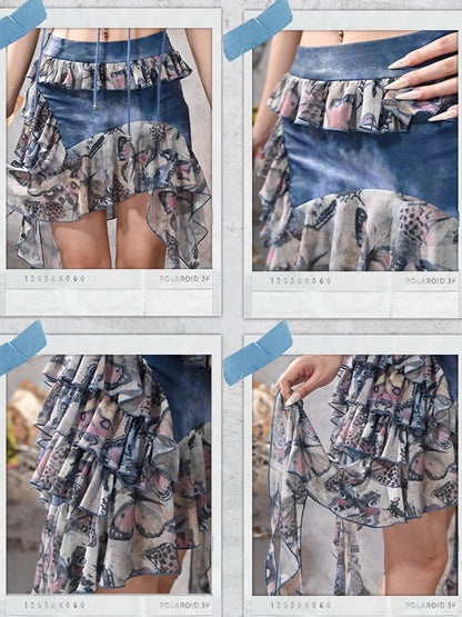 Grunge Punk Rock Fairy Style Blue Butterflies Tiered Ruffles Asymmetrical Hem Patchwork Skirt