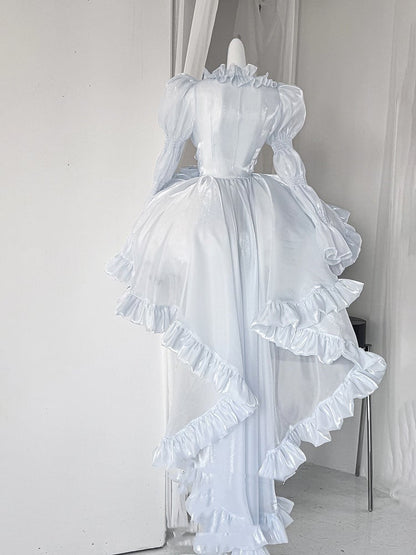 Ruffles Long Top Sleeves Sheer Cascading Hem Blue